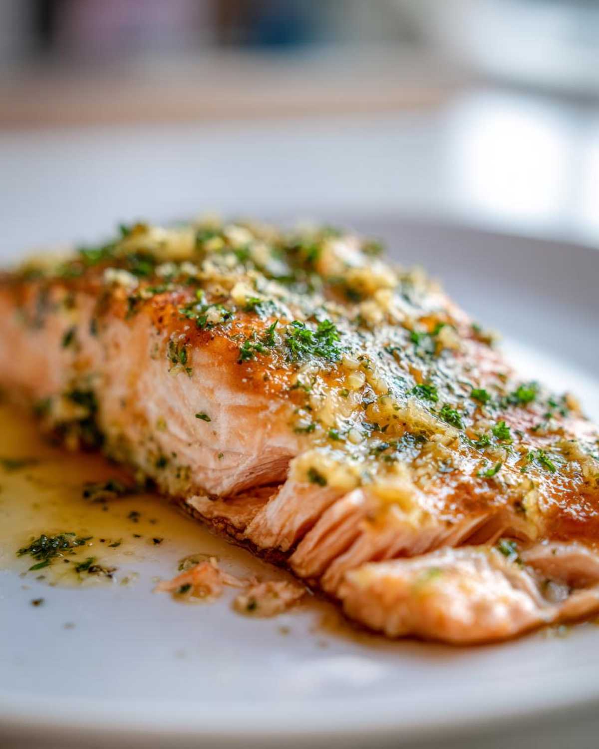 Close-up of a perfectly cooked Keto Garlic Butter Salmon fillet topped with herbs and butter sauce.