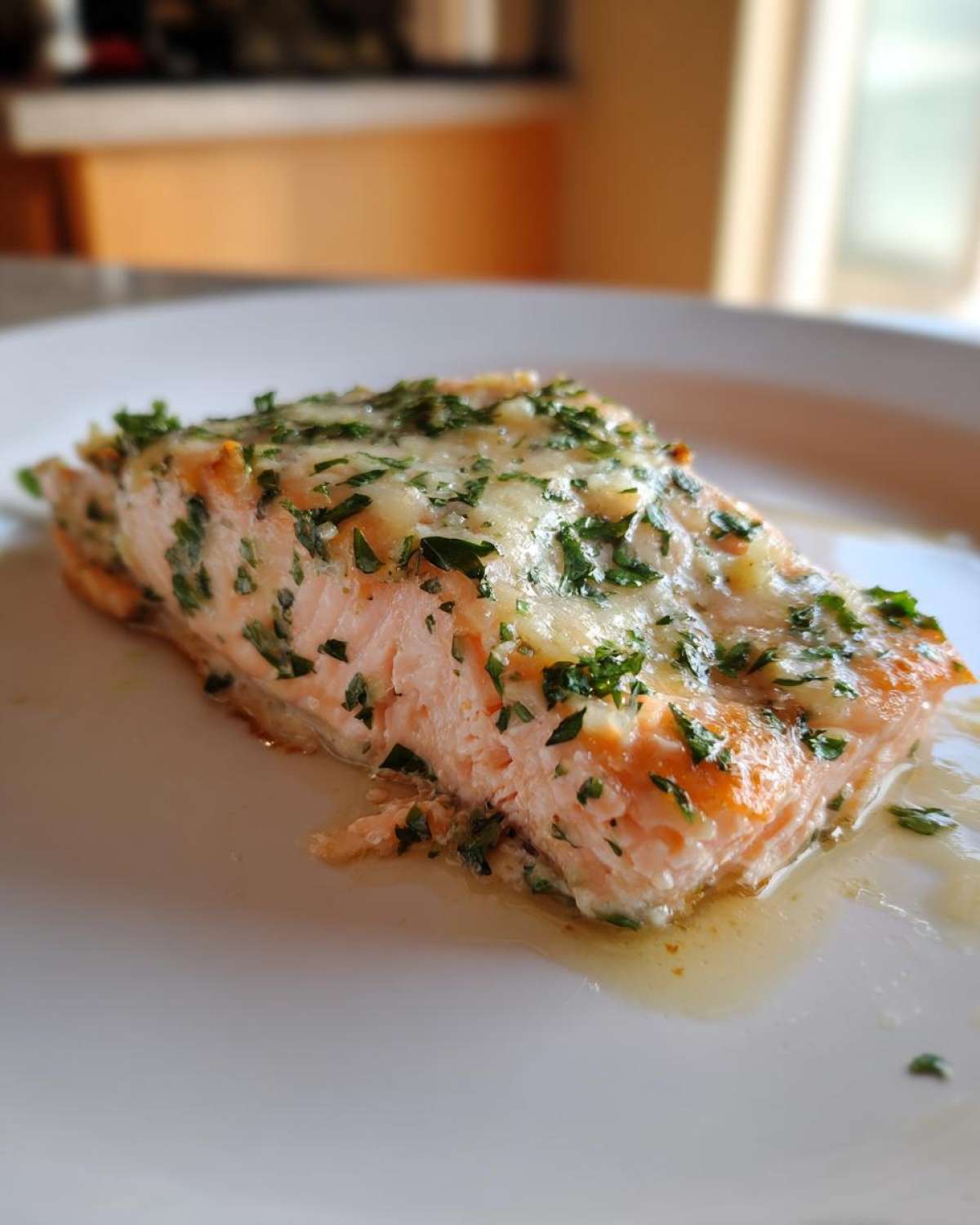 Close-up of a perfectly cooked piece of Keto Garlic Butter Salmon topped with melted cheese and fresh parsley.