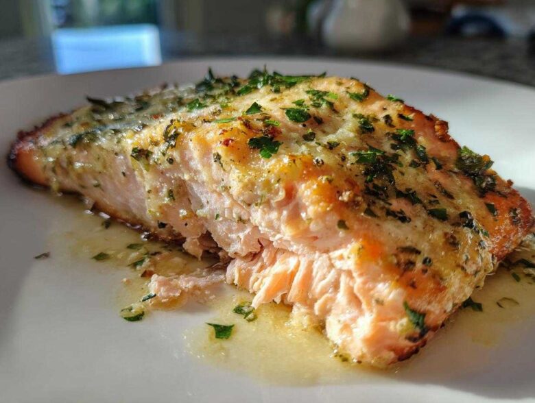 Close-up of a flaky, moist fillet of Keto Garlic Butter Salmon topped with melted butter and fresh parsley.