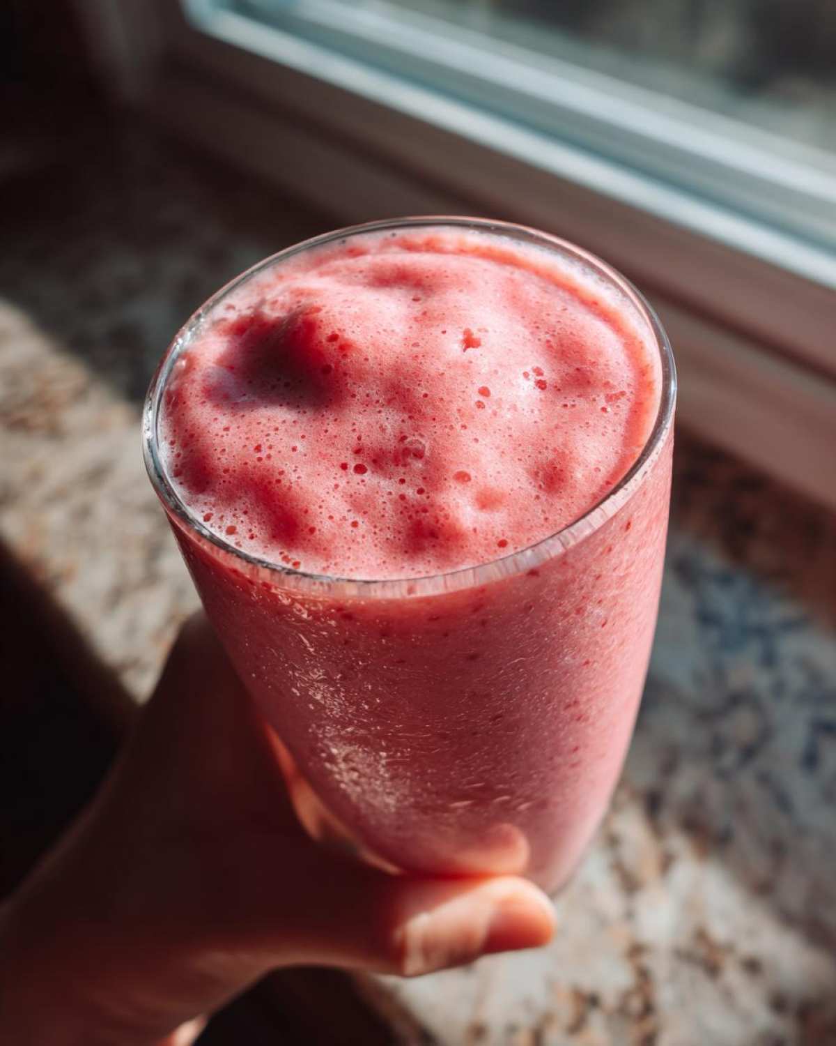 Close-up of a hand holding a tall glass filled with a thick, frothy Keto Strawberry Cheesecake Smoothie.