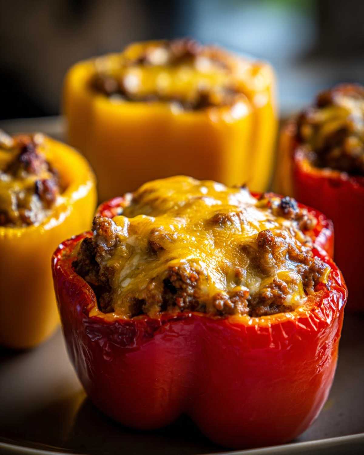 A close-up of a vibrant red Keto Taco Stuffed Pepper filled with seasoned ground meat and topped with melted cheddar cheese.
