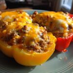 Three halves of Keto Taco Stuffed Peppers, filled with seasoned meat and topped with melted cheddar and Monterey Jack cheese.