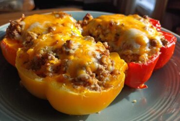 Three halves of Keto Taco Stuffed Peppers, filled with seasoned meat and topped with melted cheddar and Monterey Jack cheese.