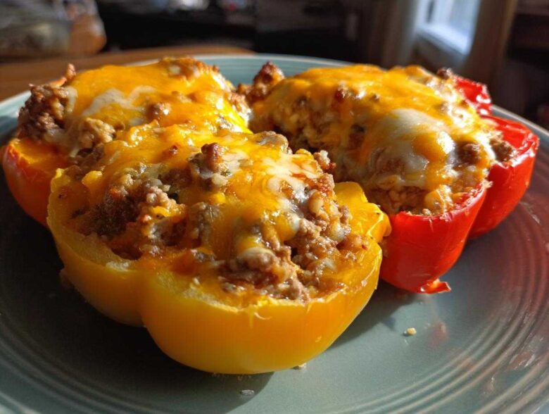 Three halves of Keto Taco Stuffed Peppers, filled with seasoned meat and topped with melted cheddar and Monterey Jack cheese.