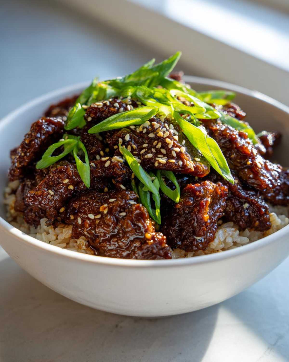 Close-up of Korean Ground Beef Bulgogi Bowls topped with sesame seeds and sliced green onions.