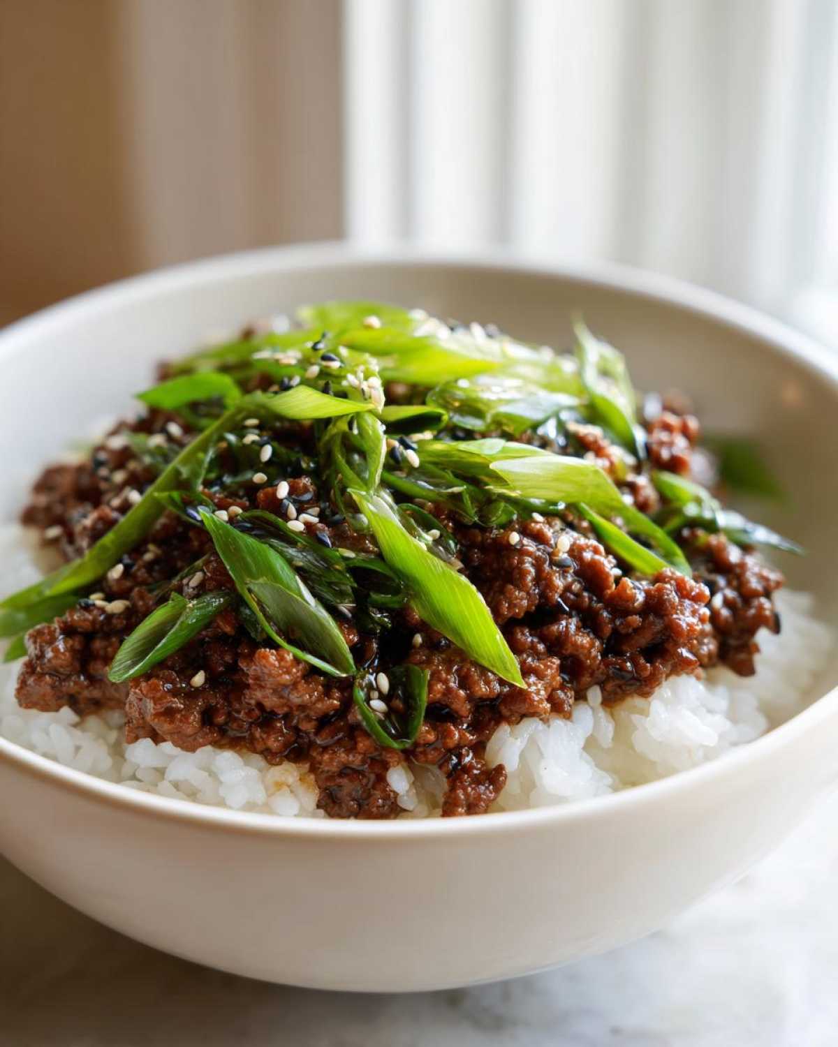 A close-up of Korean Ground Beef Bulgogi Bowls featuring savory ground beef over white rice, topped with fresh green onions and sesame seeds.