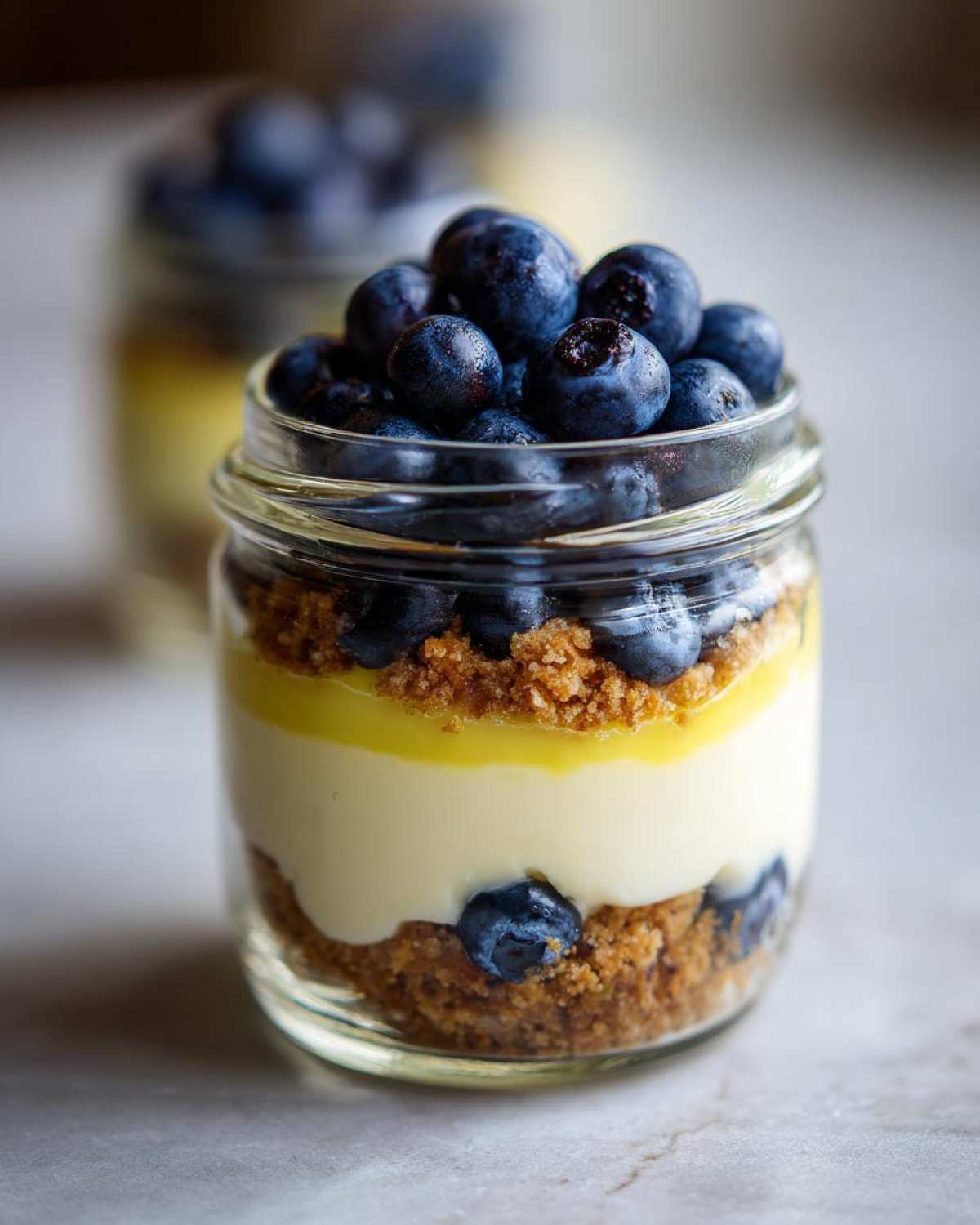 Close-up of a layered Lemon Blueberry Cheesecake Jars dessert in a glass jar, topped generously with fresh blueberries.