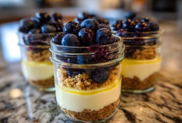 Three layered Lemon Blueberry Cheesecake Jars featuring graham cracker crust, creamy filling, and fresh blueberries on top.