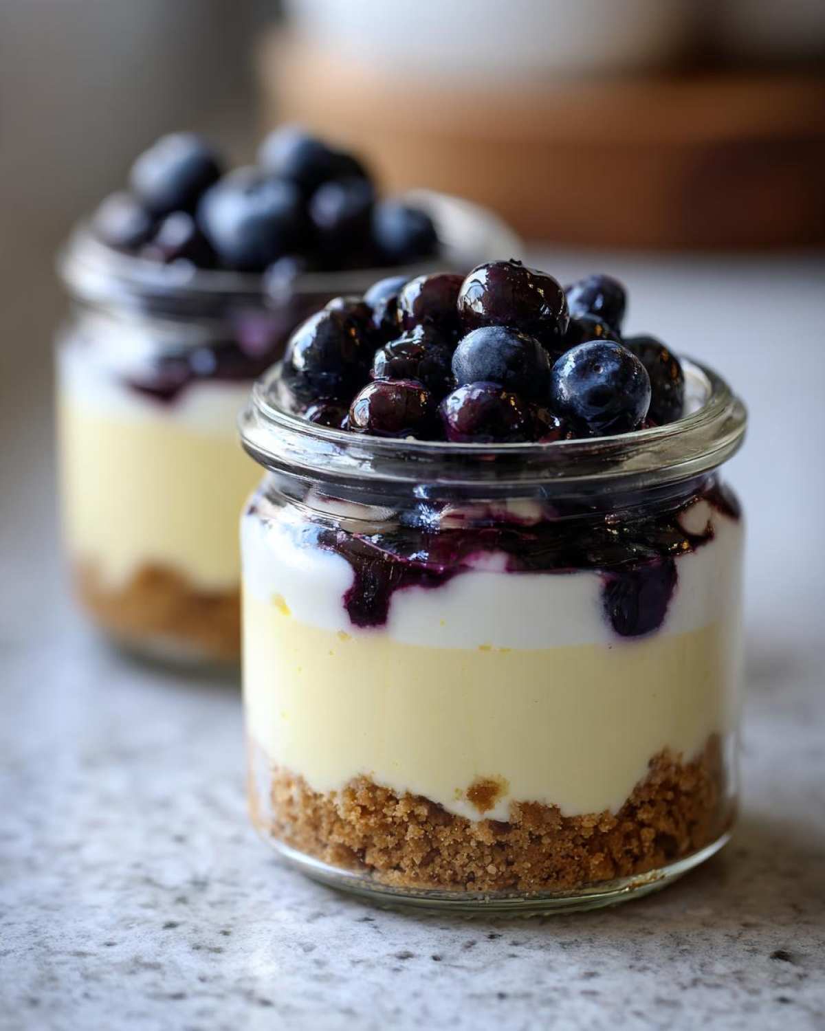 Close-up of a layered Lemon Blueberry Cheesecake Jars dessert featuring a graham cracker crust, creamy filling, and fresh blueberries.