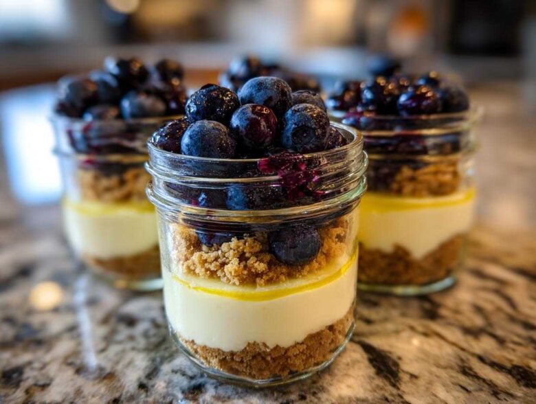 Three layered Lemon Blueberry Cheesecake Jars featuring graham cracker crust, creamy filling, and fresh blueberries on top.