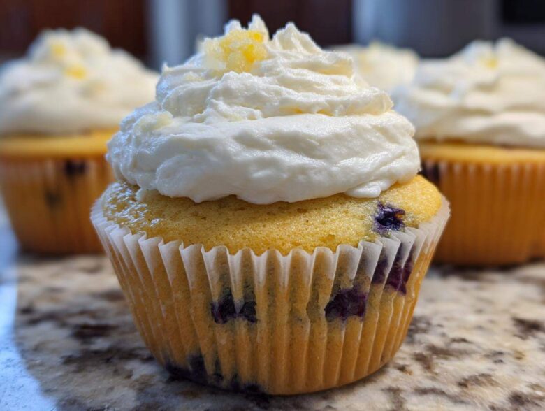Close-up of a Lemon Blueberry Cupcake topped with swirled cream cheese frosting and lemon zest.