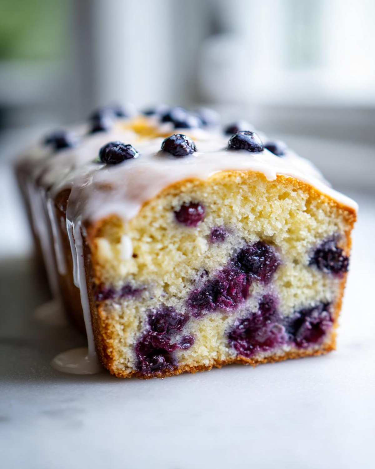 A cross-section view of the Lemon Blueberry Yogurt Loaf showing moist cake, burst blueberries, and a thick lemon glaze dripping down the side.