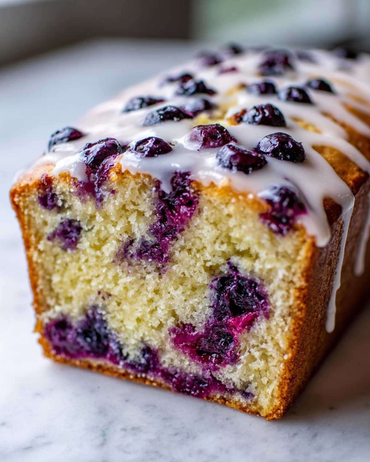 A close-up, cross-section view of a moist Lemon Blueberry Yogurt Loaf topped with white glaze and whole blueberries.