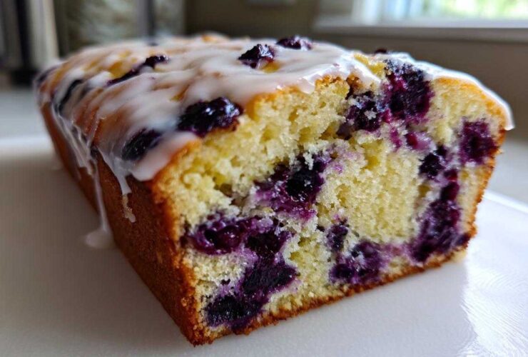 Close-up of a slice of Lemon Blueberry Yogurt Loaf showing moist crumb and fresh blueberries, topped with white glaze.