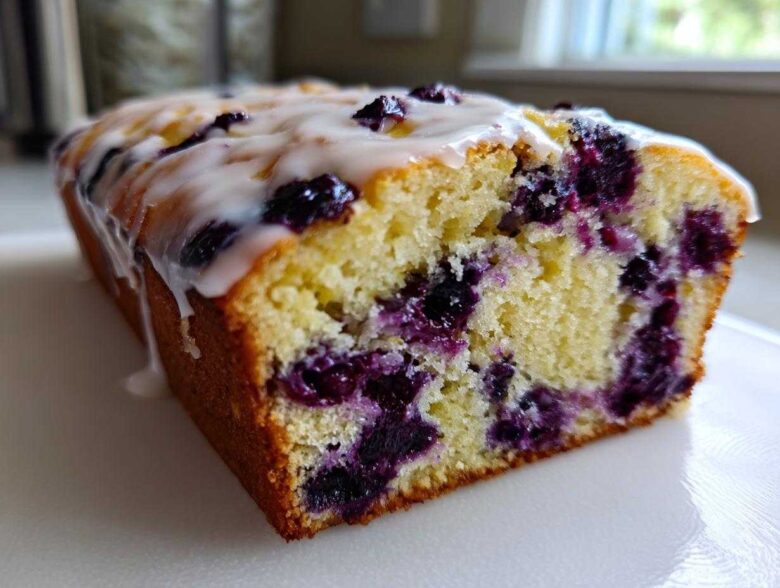 Close-up of a slice of Lemon Blueberry Yogurt Loaf showing moist crumb and fresh blueberries, topped with white glaze.