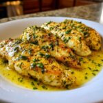 Four pan-seared Lemon Garlic Butter Tilapia fillets covered in a rich, bright yellow sauce and fresh parsley.