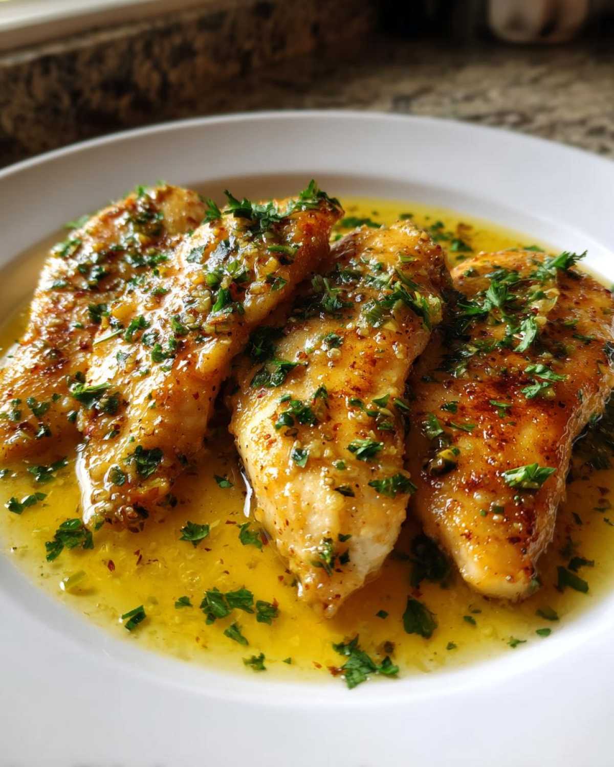 Three golden-brown fillets of Lemon Garlic Butter Tilapia swimming in bright yellow butter sauce, topped with fresh parsley.