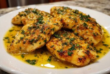 Four fillets of Lemon Garlic Butter Tilapia swimming in a pool of bright yellow garlic butter sauce, topped with fresh parsley.