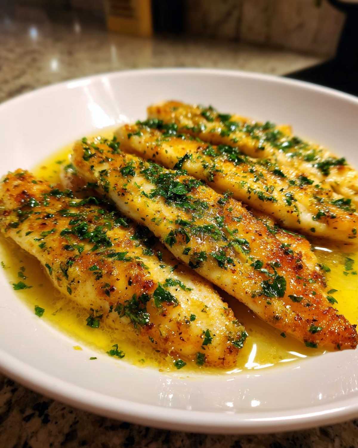 Four golden-brown Lemon Garlic Butter Tilapia fillets swimming in a pool of bright yellow butter sauce and topped with fresh parsley.