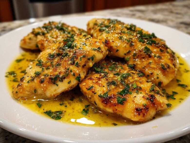 Four fillets of Lemon Garlic Butter Tilapia swimming in a pool of bright yellow garlic butter sauce, topped with fresh parsley.