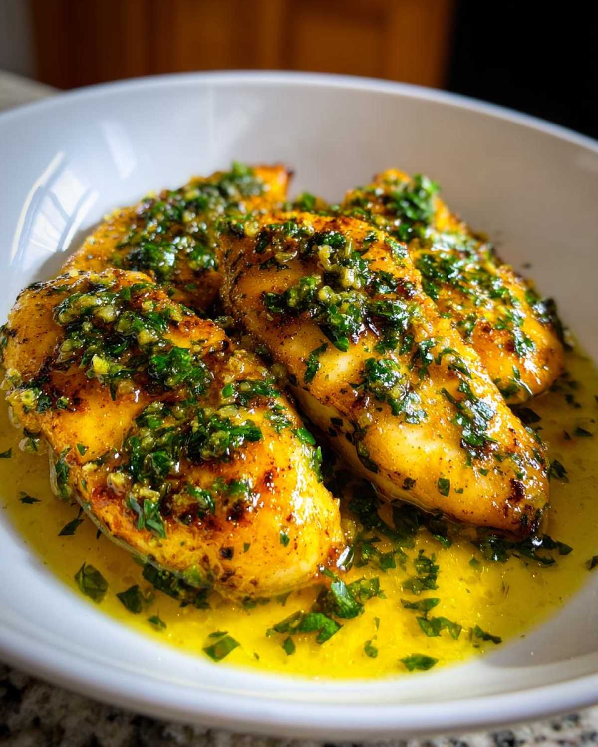 Close-up of golden Lemon Garlic Butter Tilapia fillets generously topped with a bright green herb and garlic mixture, resting in a pool of lemon butter sauce.