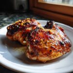 Two perfectly roasted Lemon Garlic Roasted Chicken Thighs with crispy, glazed skin on a white plate.