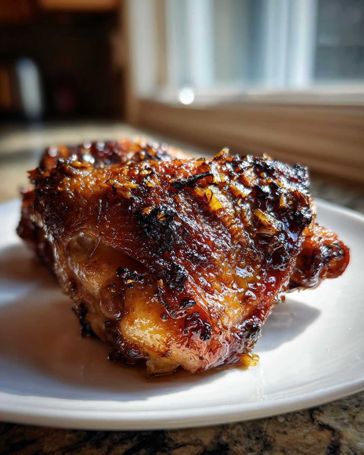 Close-up of a perfectly roasted Lemon Garlic Roasted Chicken Thighs with crispy, caramelized skin.