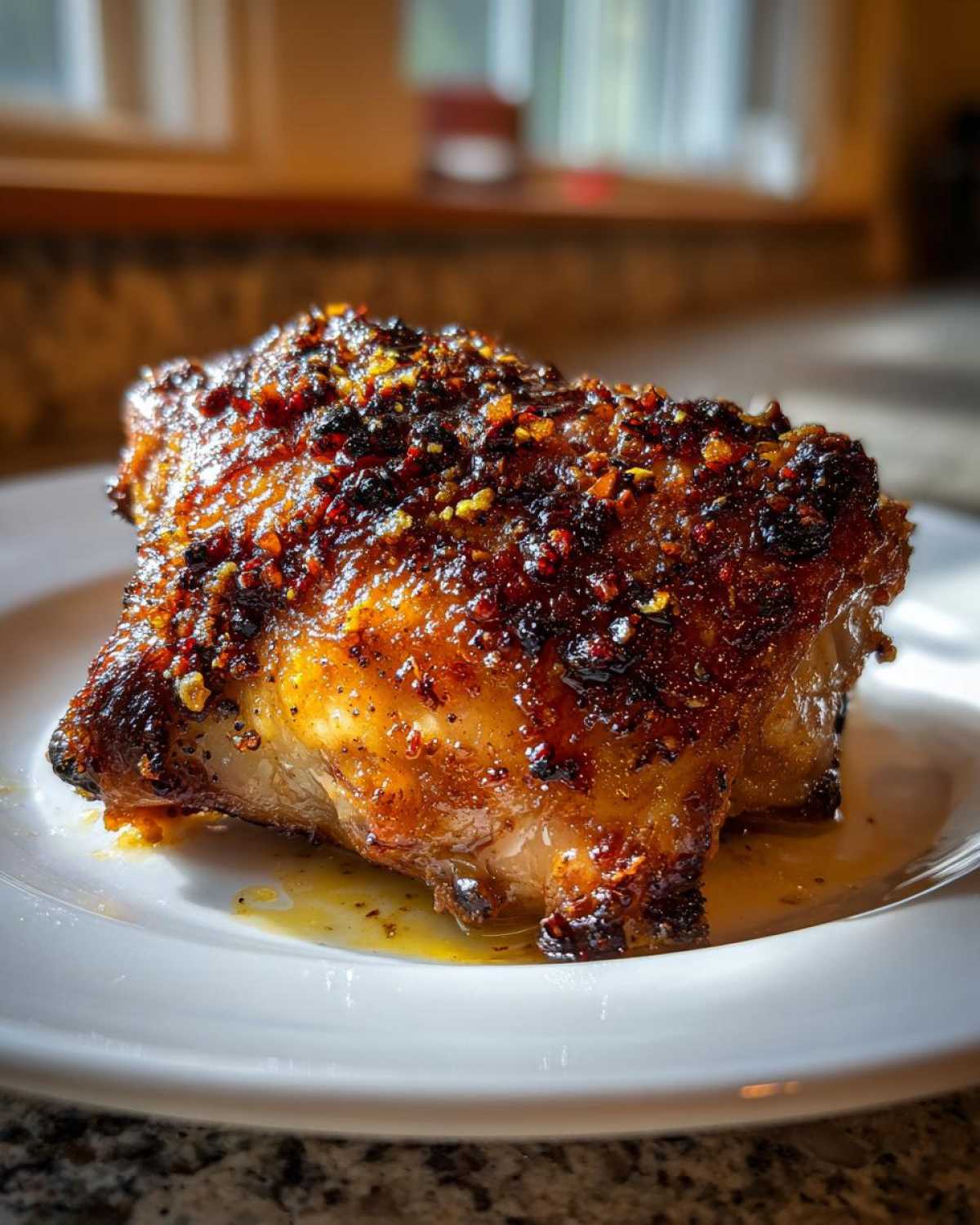 Close-up of a perfectly cooked, juicy Lemon Garlic Roasted Chicken Thighs with a crispy, heavily seasoned, caramelized skin.