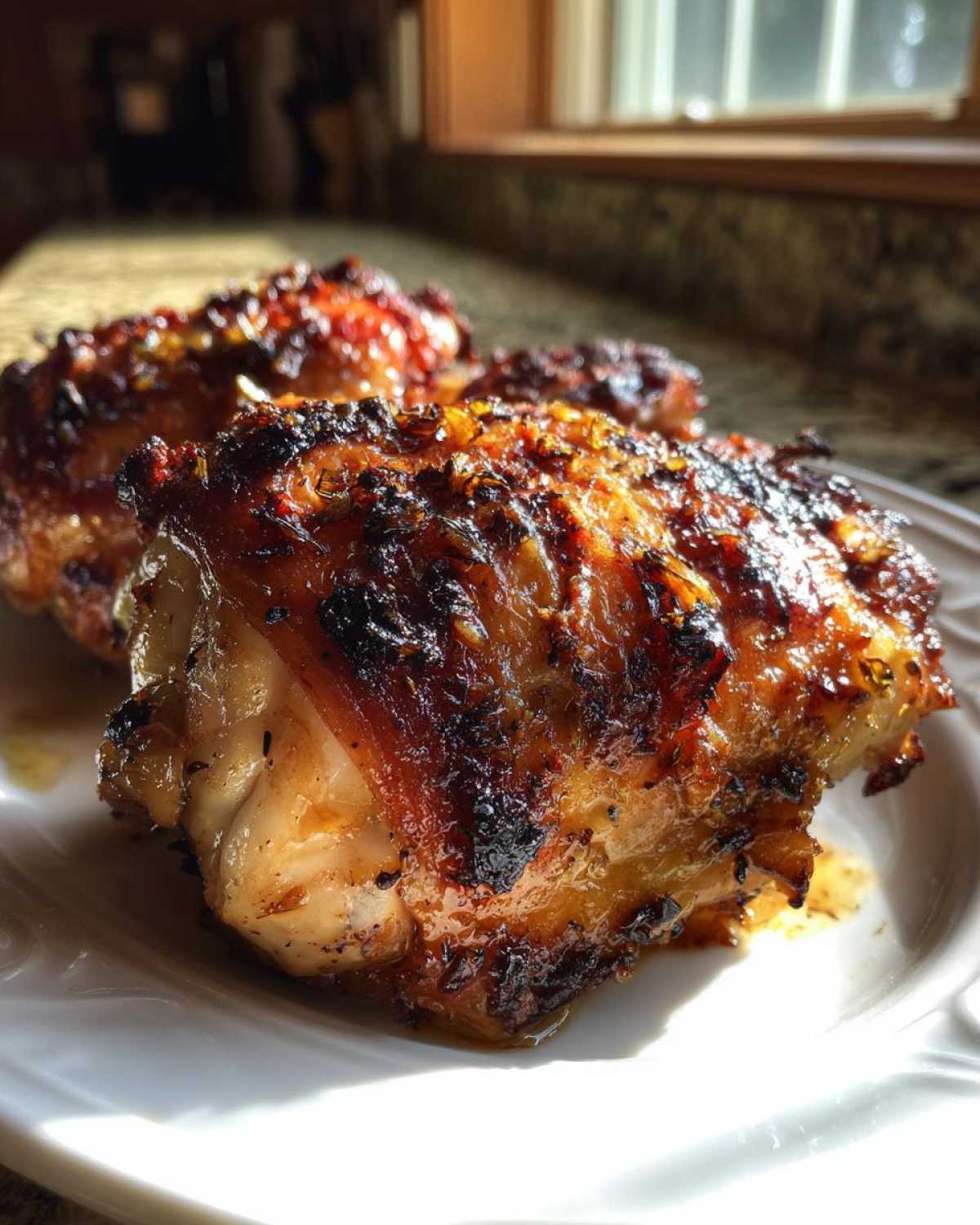 Close-up of juicy Lemon Garlic Roasted Chicken Thighs with beautifully charred, crispy skin served on a white plate.