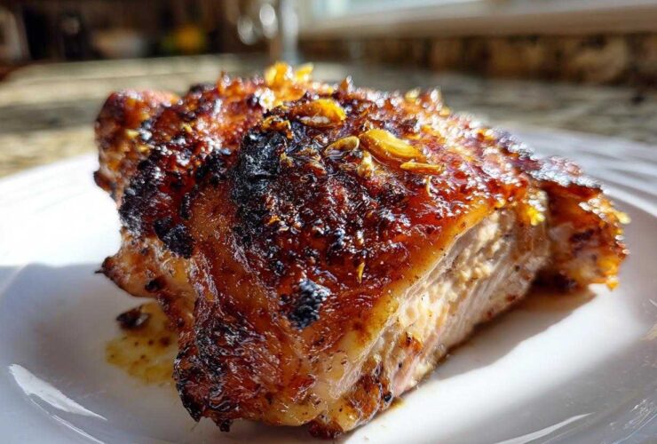 Close-up of a perfectly cooked Lemon Garlic Roasted Chicken Thighs with caramelized, crispy skin and visible garlic pieces.