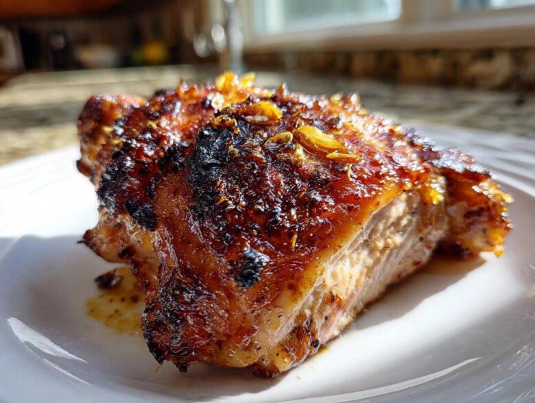 Close-up of a perfectly cooked Lemon Garlic Roasted Chicken Thighs with caramelized, crispy skin and visible garlic pieces.