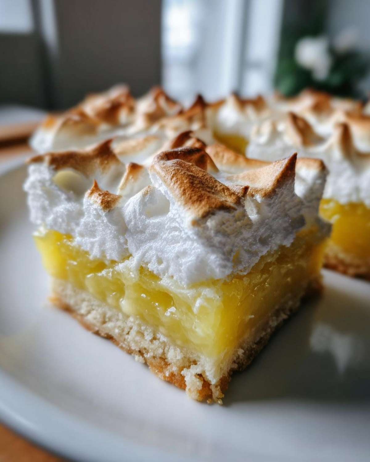 A close-up of a thick slice of Lemon Meringue Pie Bars showing the shortbread crust, bright lemon filling, and toasted meringue topping.