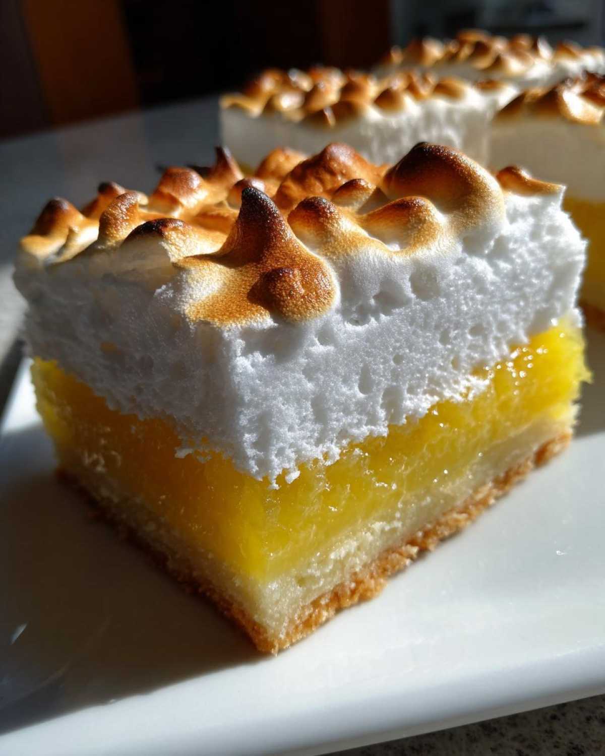 A single square of Lemon Meringue Pie Bars showing a thick layer of bright yellow lemon curd and fluffy, torched meringue topping.