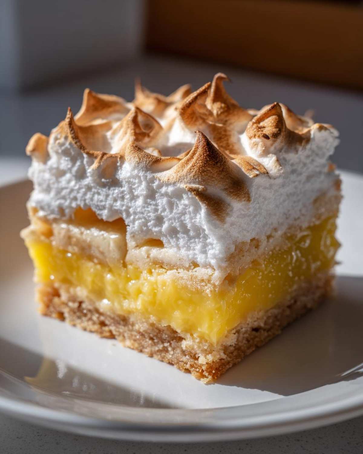 Close-up of a layered Lemon Meringue Pie Bars square showing crust, bright lemon filling, and toasted meringue.