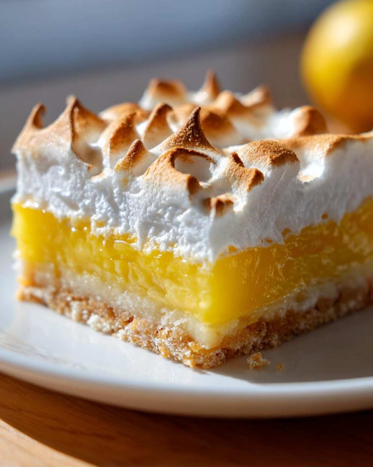 Close-up of a single serving of Lemon Meringue Pie Bars with a toasted meringue topping.