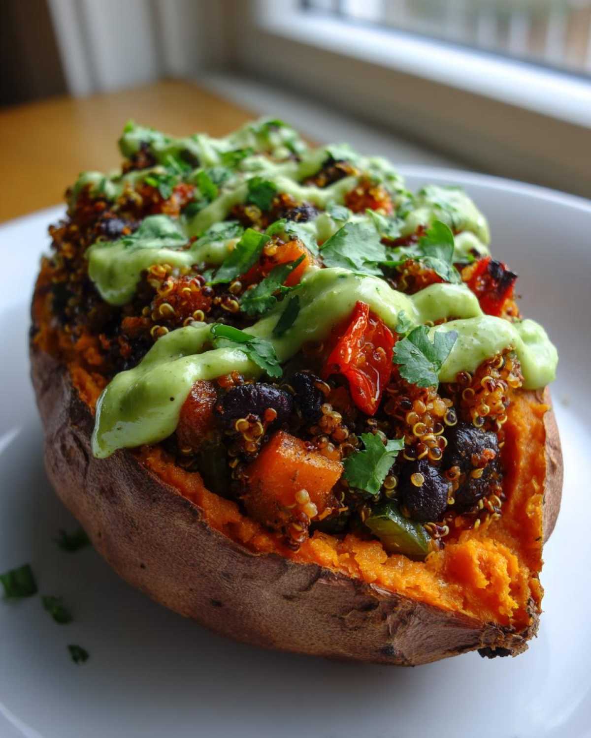A close-up of a Loaded Veggie Stuffed Sweet Potato topped with quinoa, black beans, and a vibrant green sauce.