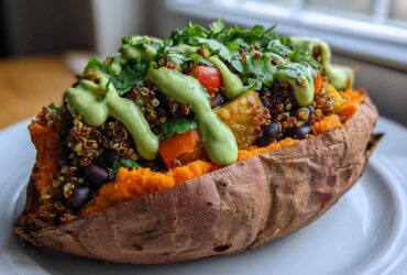 A close-up of one of the Loaded Veggie Stuffed Sweet Potatoes, topped with quinoa, black beans, and a drizzle of green sauce.