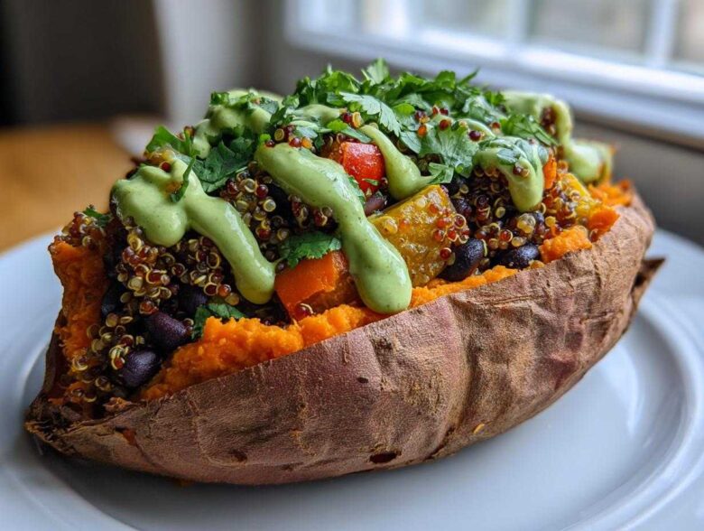 A close-up of one of the Loaded Veggie Stuffed Sweet Potatoes, topped with quinoa, black beans, and a drizzle of green sauce.