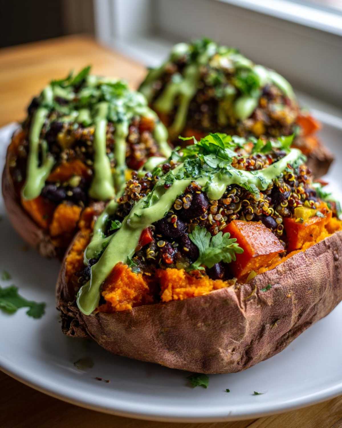 Three Loaded Veggie Stuffed Sweet Potatoes filled with quinoa, black beans, and topped with a vibrant green sauce.