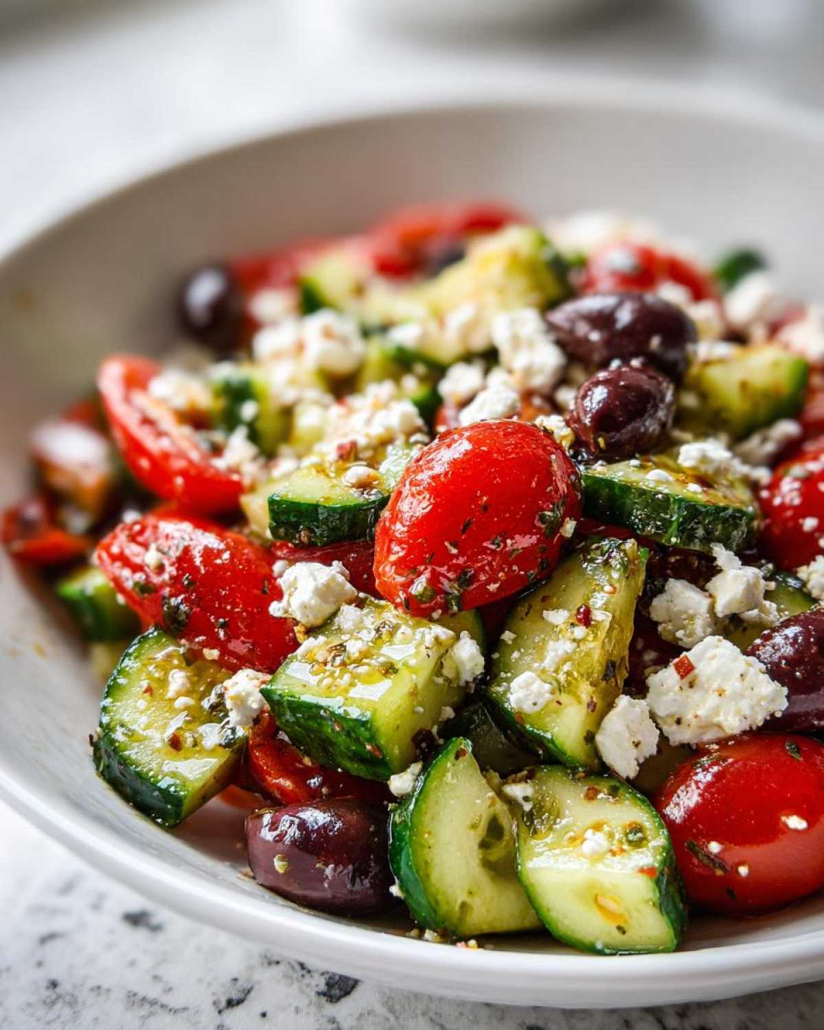 Close-up of vibrant Mediterranean Cucumber Tomato Salad with feta, olives, and dressing.