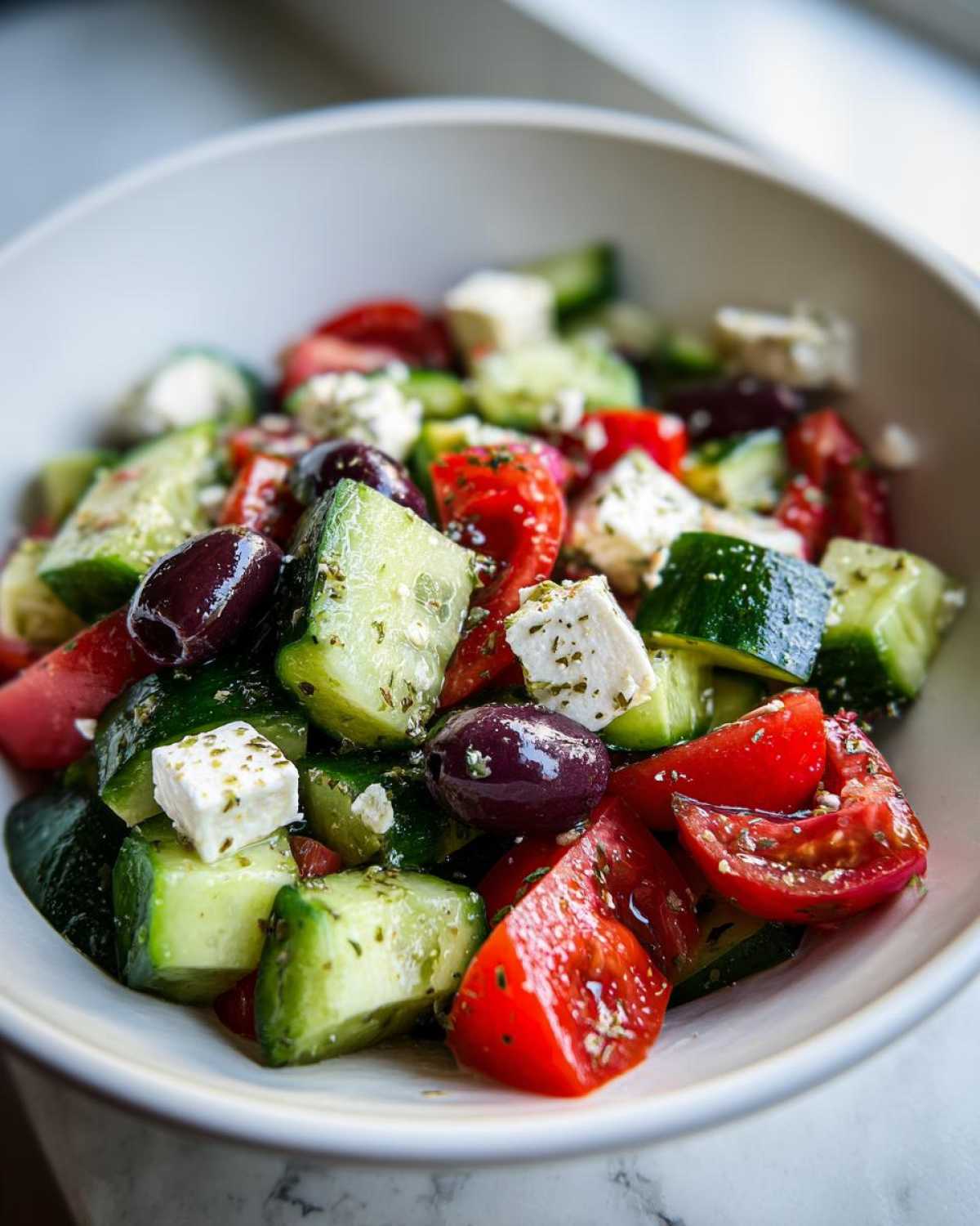 Close-up of chunky cucumber, tomato, feta, and olives in a bowl, seasoned for Mediterranean Cucumber Tomato Salad.