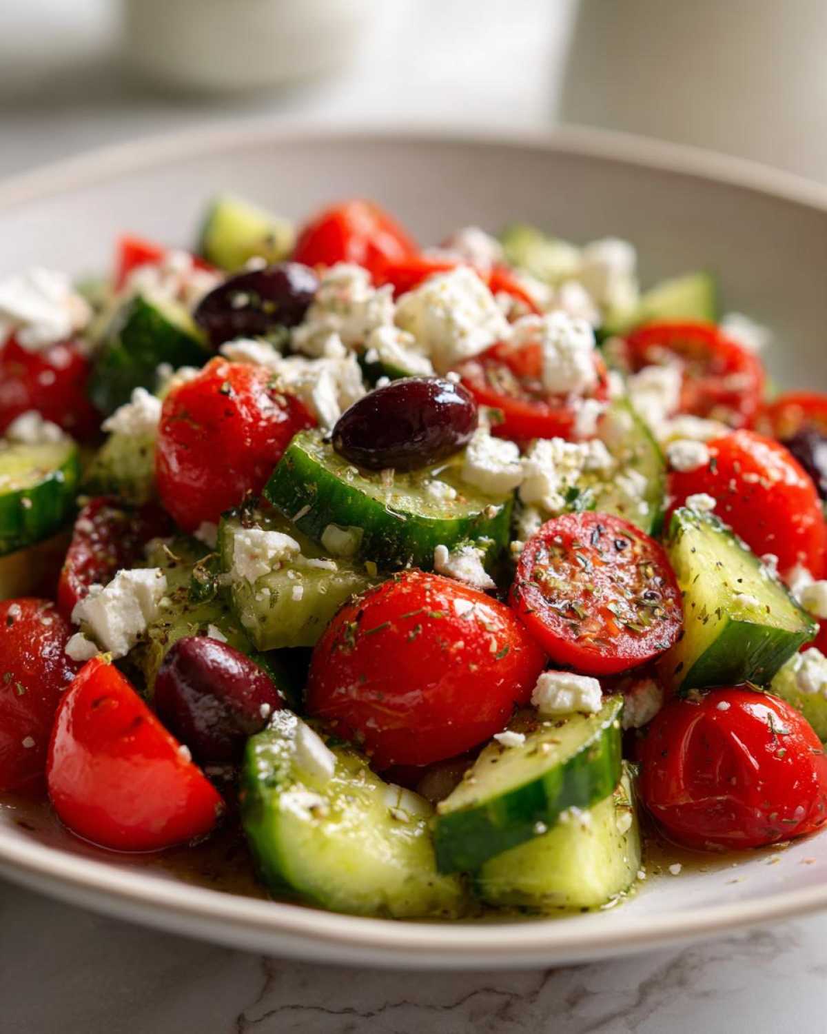 Close-up of vibrant Mediterranean Cucumber Tomato Salad featuring chunks of cucumber, halved cherry tomatoes, feta cheese, and Kalamata olives.
