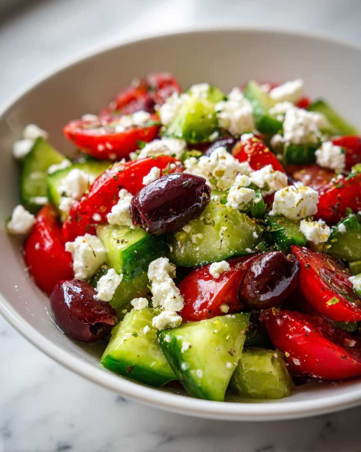 Close-up of a fresh Mediterranean Cucumber Tomato Salad with feta cheese, Kalamata olives, and herbs.