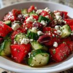 Close-up of a bowl of Mediterranean Cucumber Tomato Salad with feta, olives, and herbs.