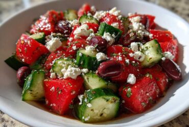Close-up of a bowl of Mediterranean Cucumber Tomato Salad with feta, olives, and herbs.