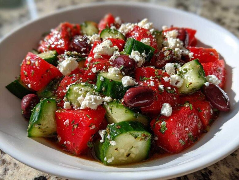 Close-up of a bowl of Mediterranean Cucumber Tomato Salad with feta, olives, and herbs.