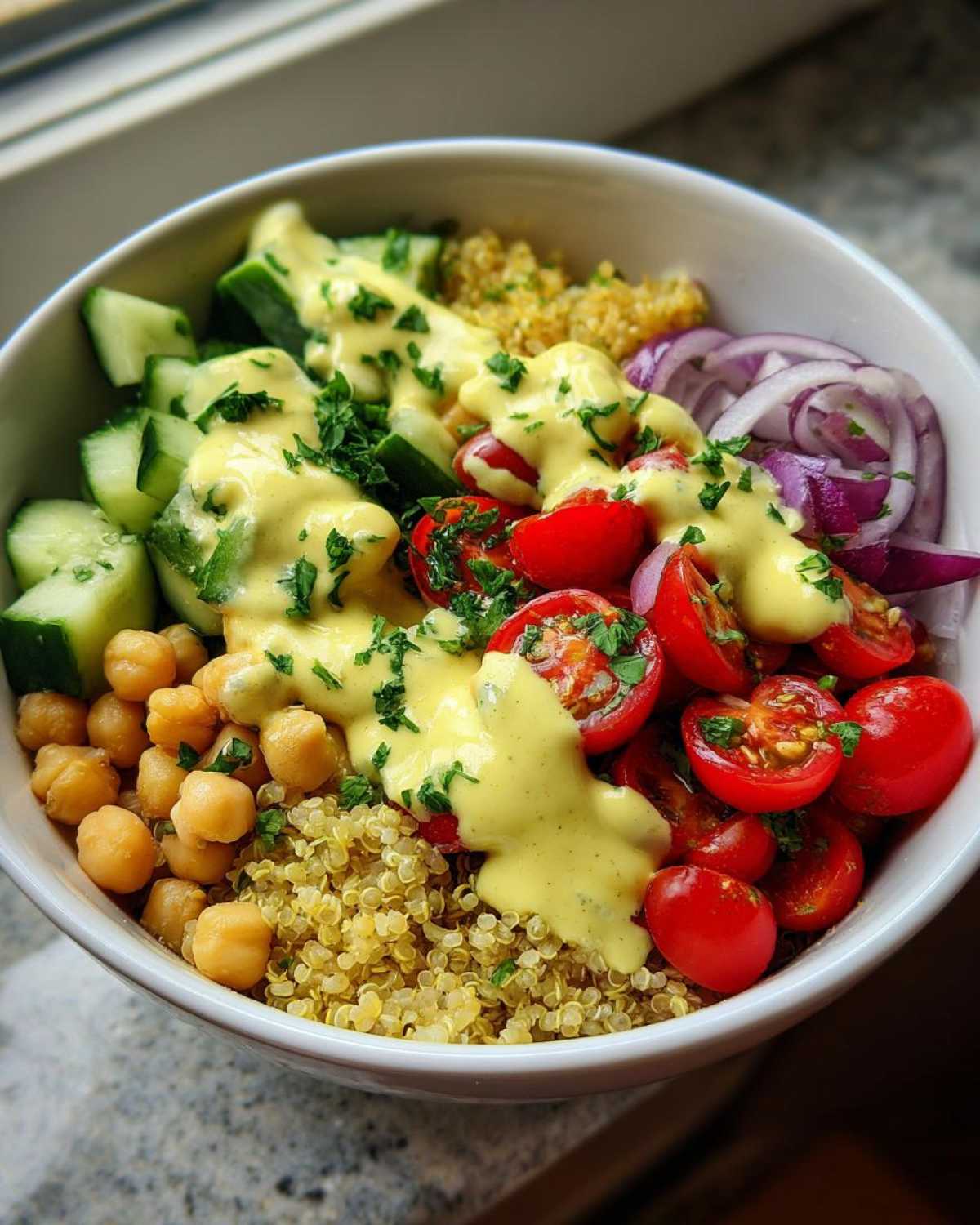 Close-up of a vibrant Mediterranean Quinoa Bowl with lemon tahini sauce drizzled over chickpeas, tomatoes, and cucumbers.