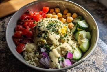 A vibrant Mediterranean Quinoa Bowl featuring quinoa, chickpeas, tomatoes, cucumbers, red onion, and generous lemon tahini sauce.