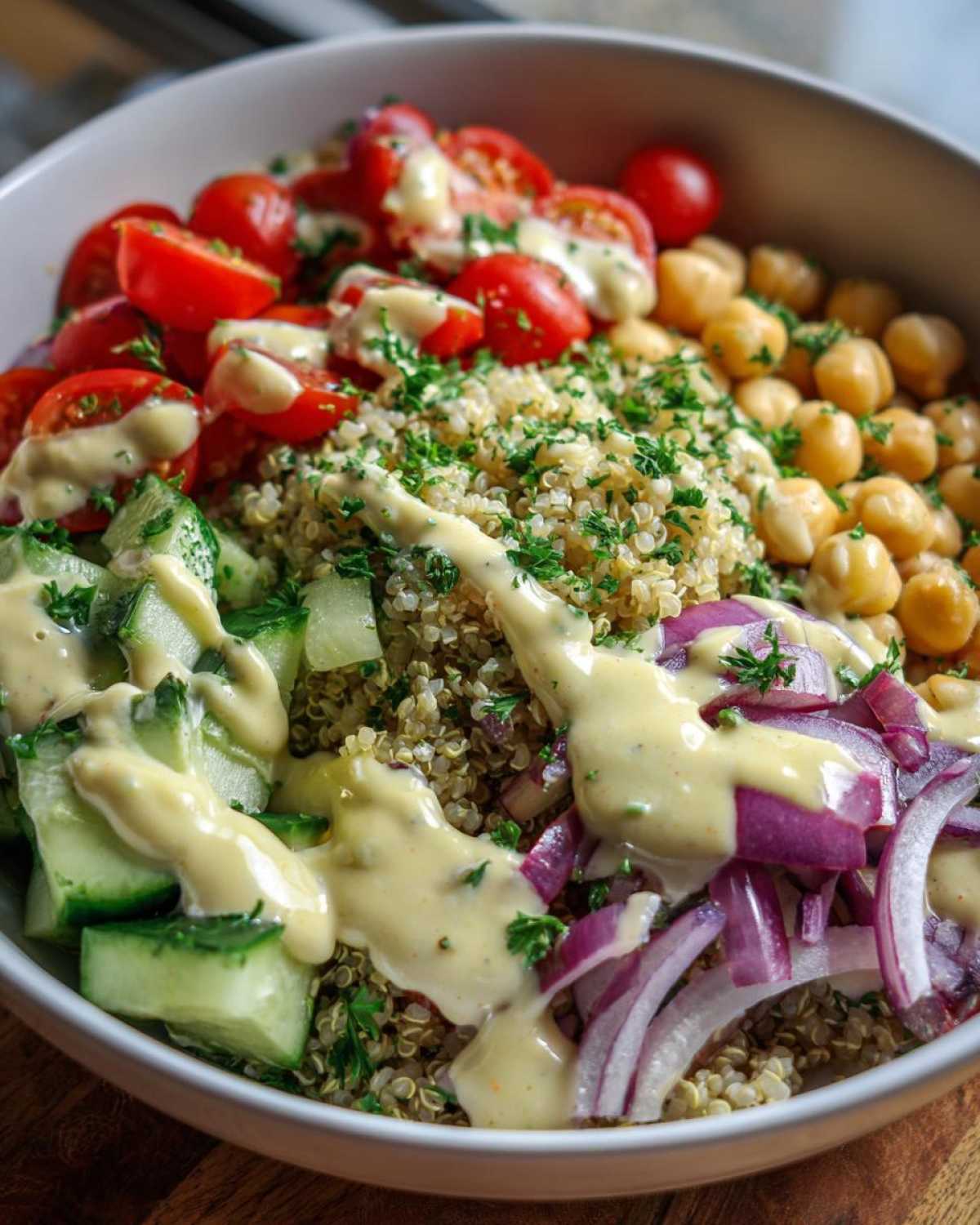 Close-up of a vibrant Mediterranean Quinoa Bowl with lemon tahini sauce drizzled over quinoa, chickpeas, tomatoes, cucumbers, and red onion.