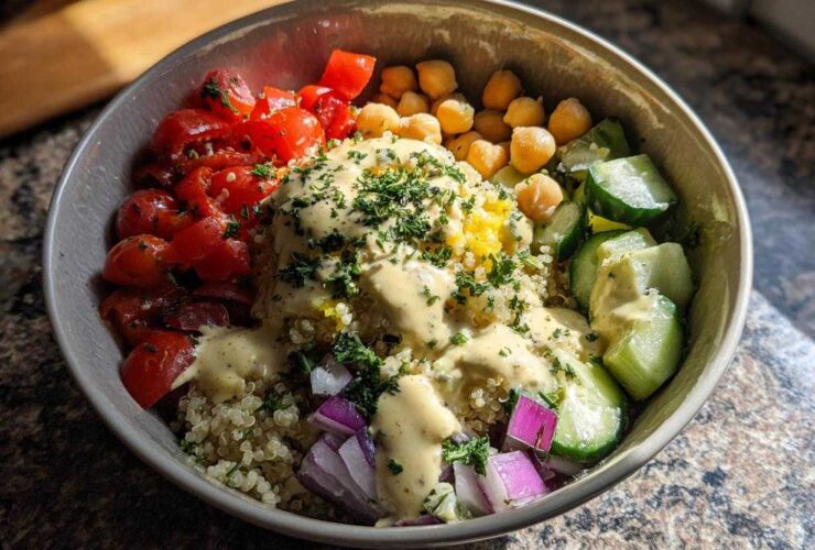 A vibrant Mediterranean Quinoa Bowl featuring quinoa, chickpeas, tomatoes, cucumbers, red onion, and generous lemon tahini sauce.